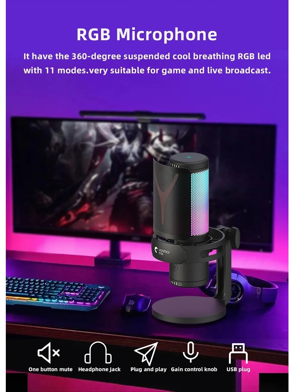 Yanmai Bilgisayar Masaüstü Profesyonel RGB Vlog Canlı Yayın Podcast Mikrofon Kiti Tak Çalıştır USB Kablolu  